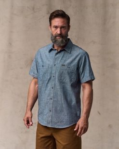 Short-sleeve Embroidered Chambray Shirt - Rinsed Indigo